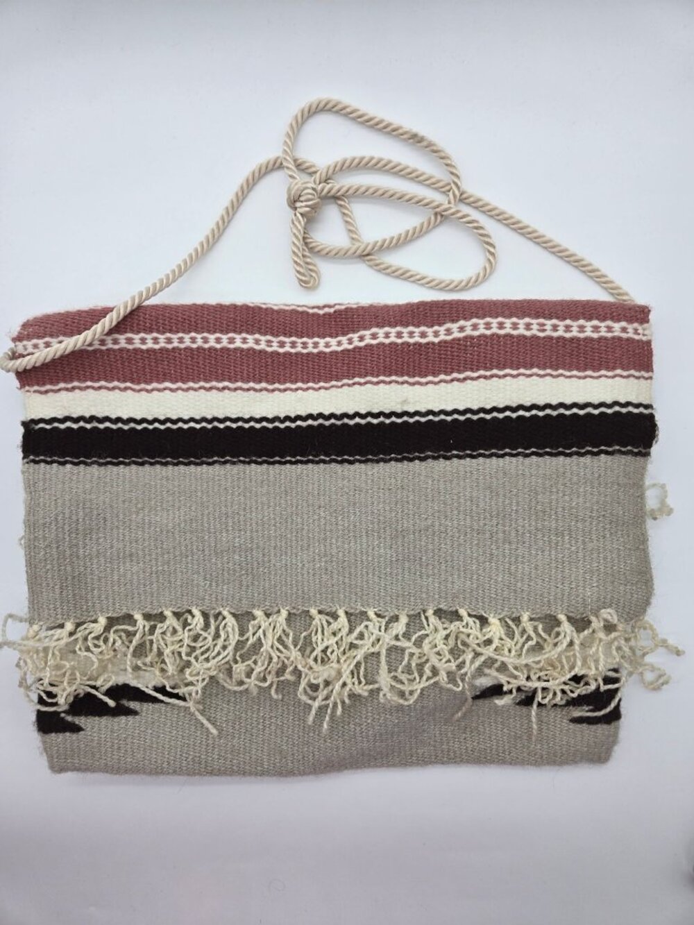Southwestern Wool Blanket Crossbody Bag Fringe Accent Purple Pink Gray Like New